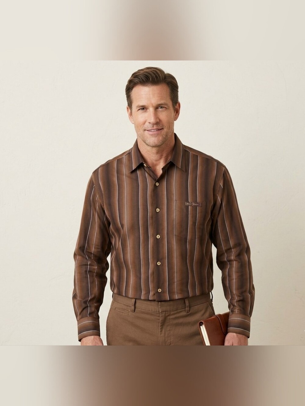 Tommy Bahama Men's L9ng Sleeve Shirt XL 109% Silk Brown Stripped Button Down